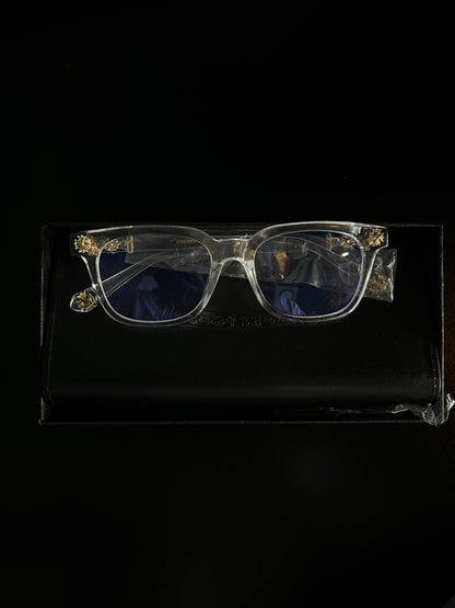 Chrome heart glasses - clear & gold badges
