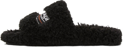BALENCIAGA BLACK FURRY SLIDE SANDALS