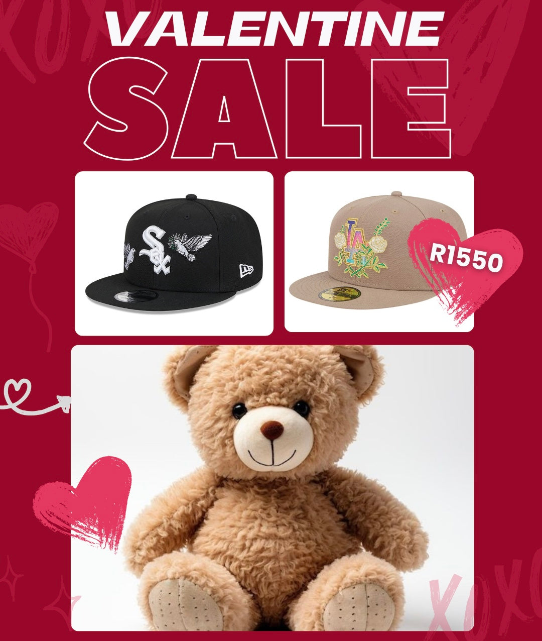 2 New Era Fitted Caps + Teddy Bear